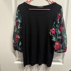 Kim & Cami Women’s Black Floral Embroidered Mesh Elbow Sleeves Size Medium