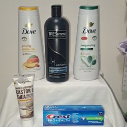 Dove Bodywash, TRESsemme Shampoo. Toothpaste & Daily Facial Lotion 
