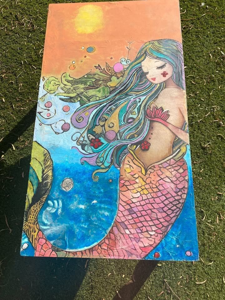 Mermaid Coffee Table Hand Painted Accent Table Whimsical Fantasy Mermaids Ocean Coastal Decor