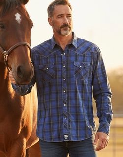 Rocky 47 by Wrangler Mens shirt XXL Blue Black plaid long sleeve Western