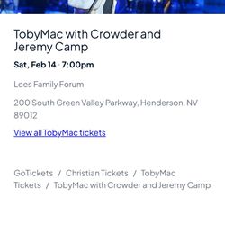 Two Tickets For Valentines Day Concert With Toby Mac, Crowder And Jeremy Camp