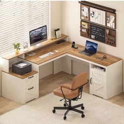 63" Farmhouse L Shaped Executive Desk with Drawers & Storage Shelf, Corner Computer Desk with Power Outlets, L Shaped Office Desk with Monitor Stand, 
