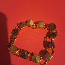 Vintage Polished  Amelliyst Stone Shard Bead Embossed  Gold Stone Metal 7.5" Bracelet-$15.00