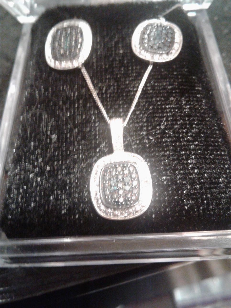 925 Silver blue and white diamond earring and necklace set