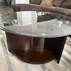 Glass Top Wood Base Coffee Table 36” Diameter 