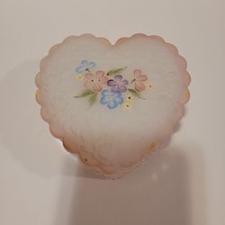 Fenton Glass Opalescent Pink Heart Trinket Dish with Painted Flowers