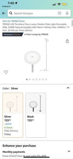 TROND LED Torchiere Floor Lamp, Modern Pole Light Dimmable 30W, 5500K Natural Daylight (Not Warm Yellow), Max. 5000lm, 71-Inch, 30-Minute Timer (Silve