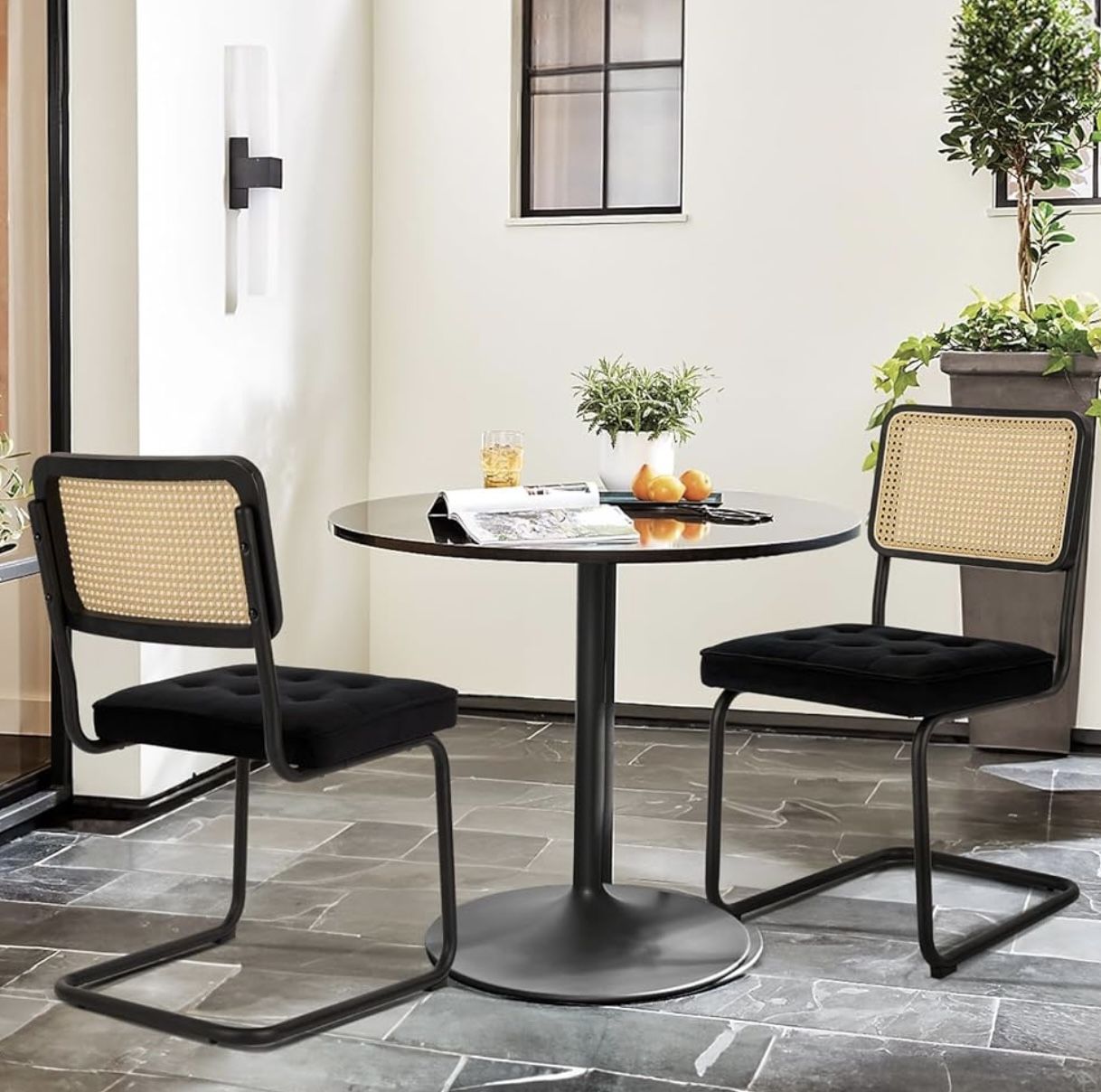 Mid Century Modern Dining Chairs Set of 2, Velvet Rattan Dining Room Kitchen Side Chairs