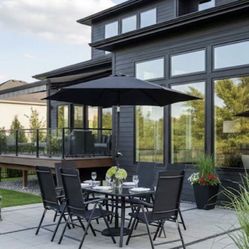 8-Piece Outdoor Patio Dining Set with Tilting Umbrella, Glass Table, & Folding Chairs