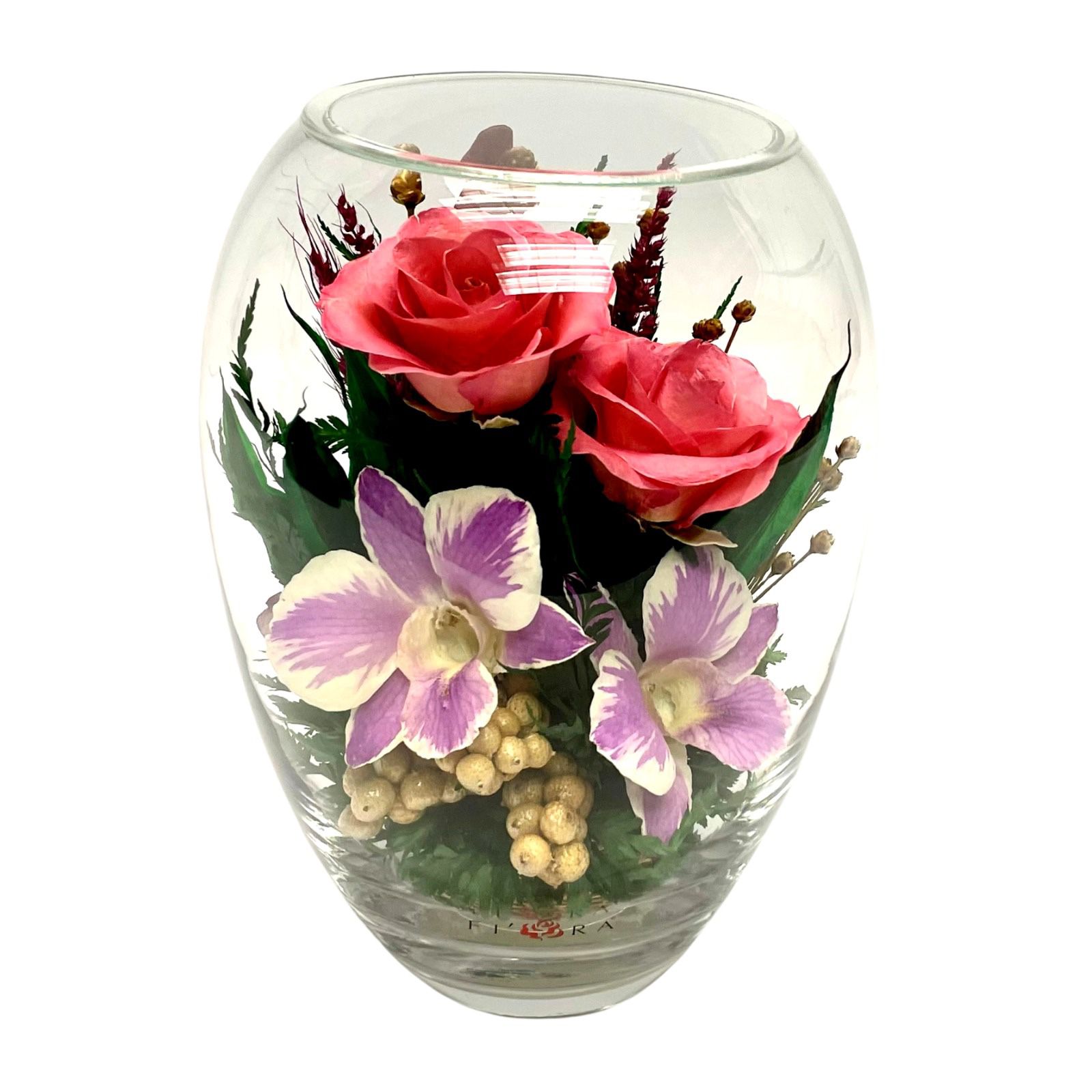 Flowers Natural Pink Roses and Orchids in a Elliptical Glass Vase 71867