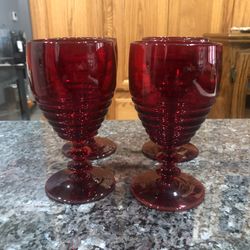 4 Paden City Penny Line Ruby Red Ribbed Water Goblets . 8 Ounce Capacity.  6 Inches Tall