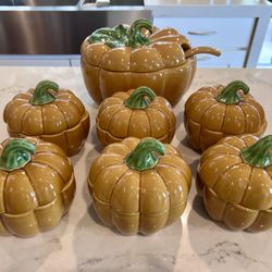 Pier 1 Harvest Ceramic Pumpkin Soup Tureen Serving Dish with Lid & Matching Pumpkin Bowls 
