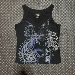 Vintage Harley Davidson Tank Top Paisley Rhinestone Black Biker Womens Large