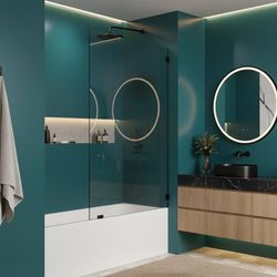 26" W x 52" H Fixed Glass Shower Door, 6mm Tempered with Explosion-Proof Protection Film, Matte Black Single Shower Door for Small Bathroom