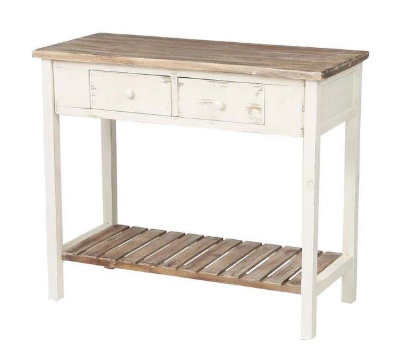 LuxenHome 36 in Distressed White and Wood 2-Drawer, 1-Shelf Console and Entry Table