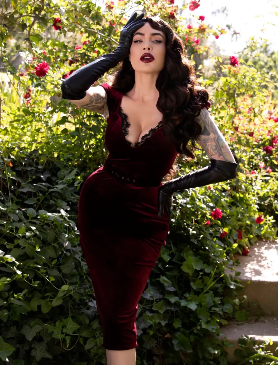 La Femme En Noir Baudelaire Wiggle Dress in Oxblood Large Pinup Victorian Gothic