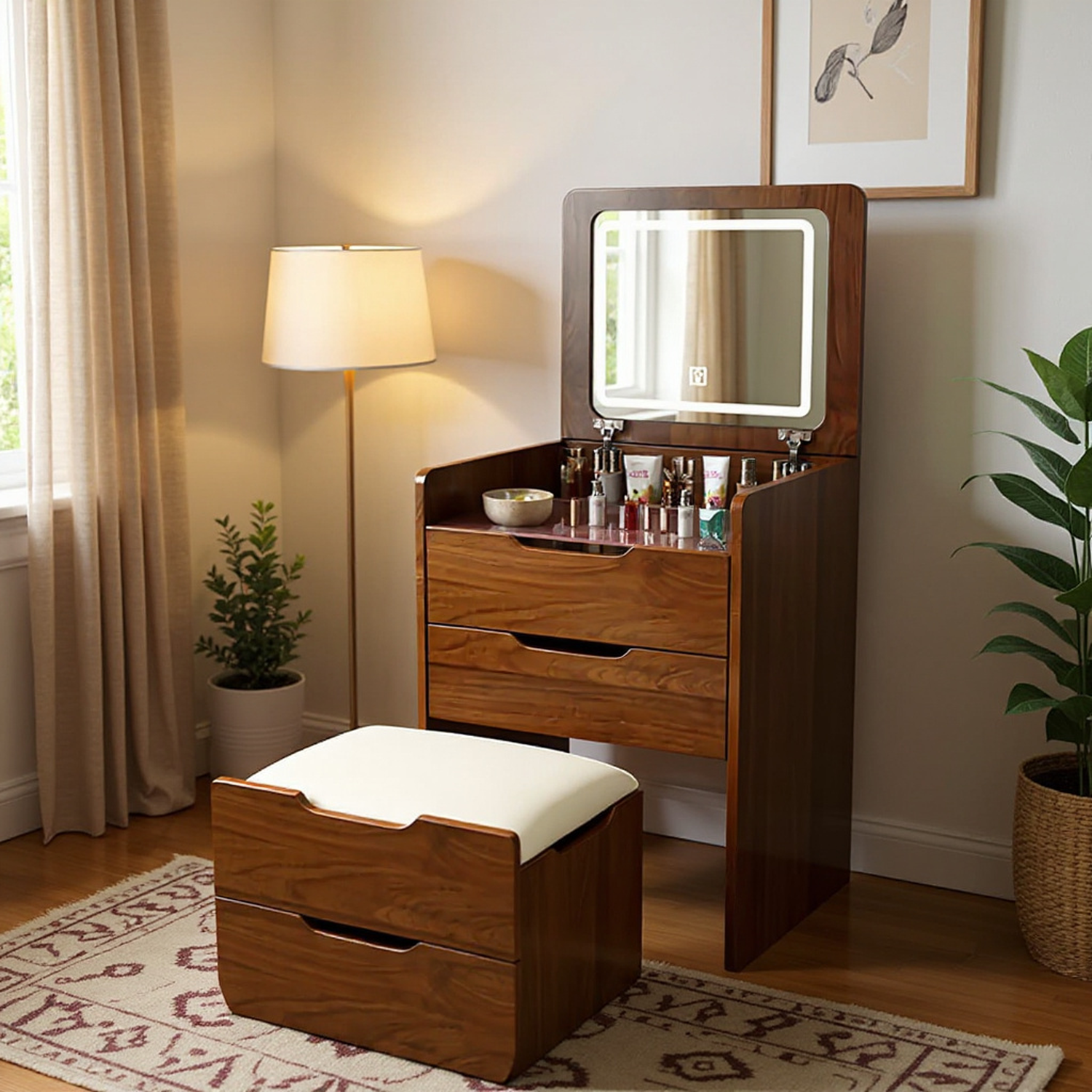 Homy Casa Lillemor 3-in-1 Compact Vanity Desk with Flip Top Mirror and Storage Ottoman
