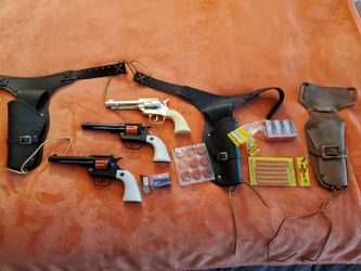 Old school western toy plastic cap guns. Not all guns completely functioning.