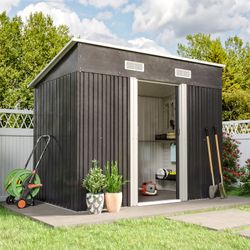8' x 4' Metal Lean to Garden Shed, Outdoor Storage Shed, Garden Tool House with Double Sliding Doors, 2 Air Vents for Backyard, Patio, Lawn, Dark Gray