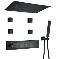 E863 $699. Shower System, 24.8*12.99" Two Functions Shower Head Ceiling Mounted with Handheld and Body Jets with Rough-in Valve RB1269  Elevate your d