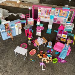 lot of accessories for barbie dolls plus two barbie dolls