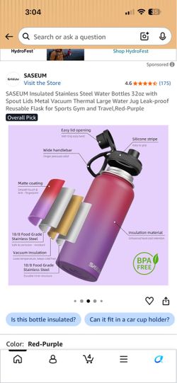 SASEUM 32oz Insulated Stainless Steel Water Bottle
