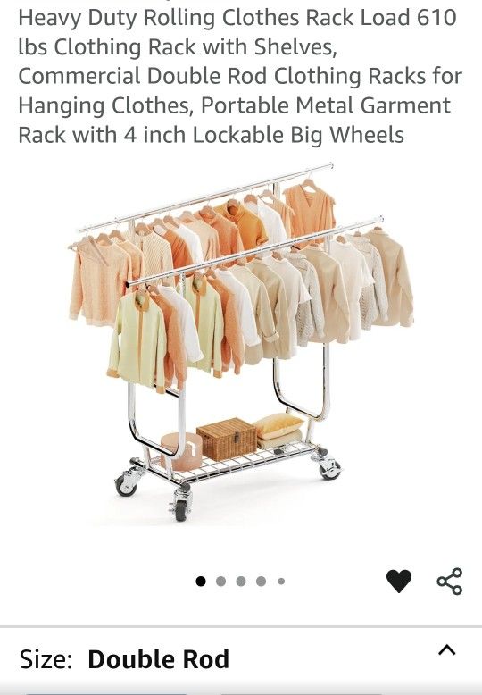 Heavy Duty Rolling Clothes Rack Load 610 lbs Clothing Rack with Shelves, Commercial Double Rod Clothing Racks for Hanging Clothes, Portable Metal Garm