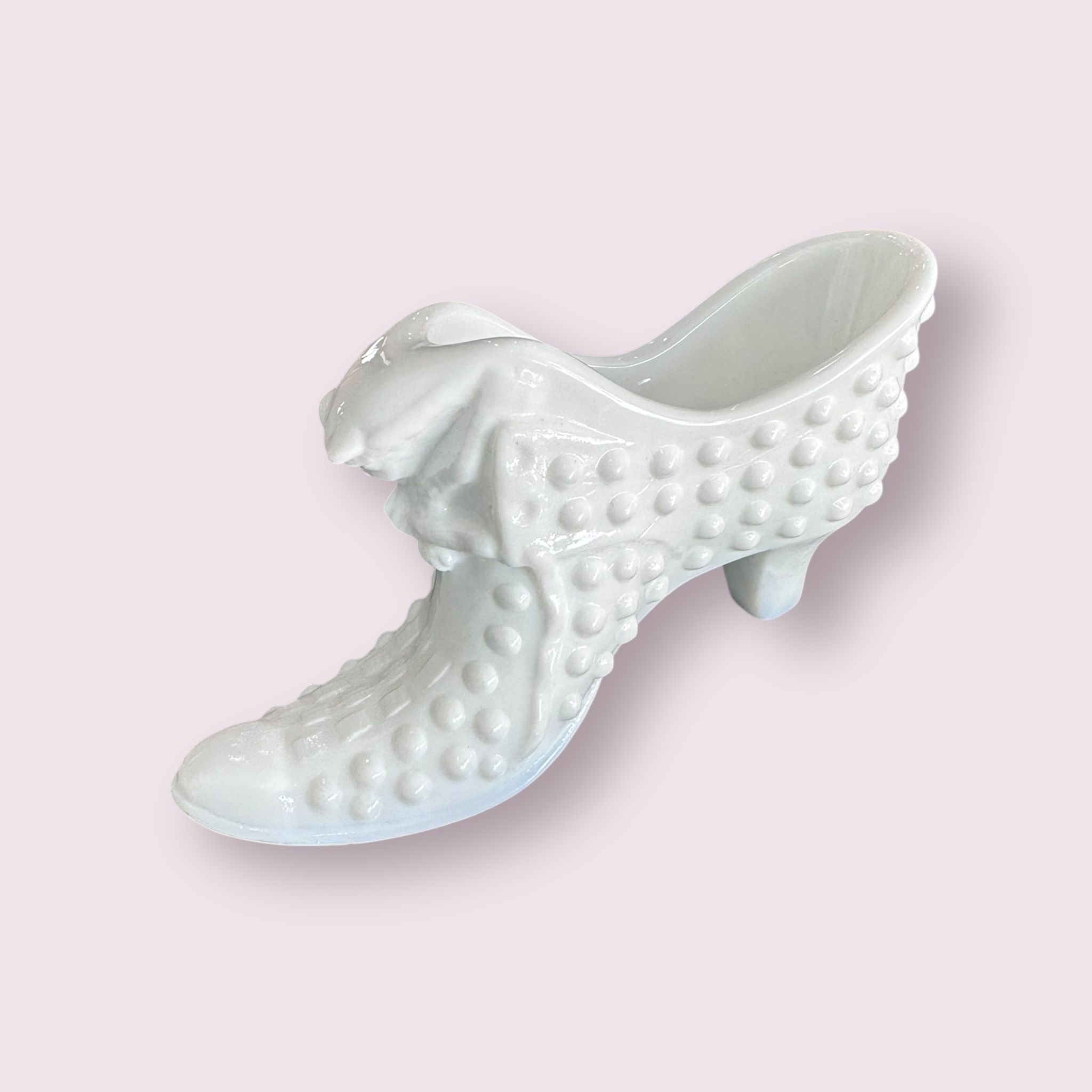 Vintage Fenton Victorian Kitten Slipper Shoe Cat Head Hobnail White Milk Glass