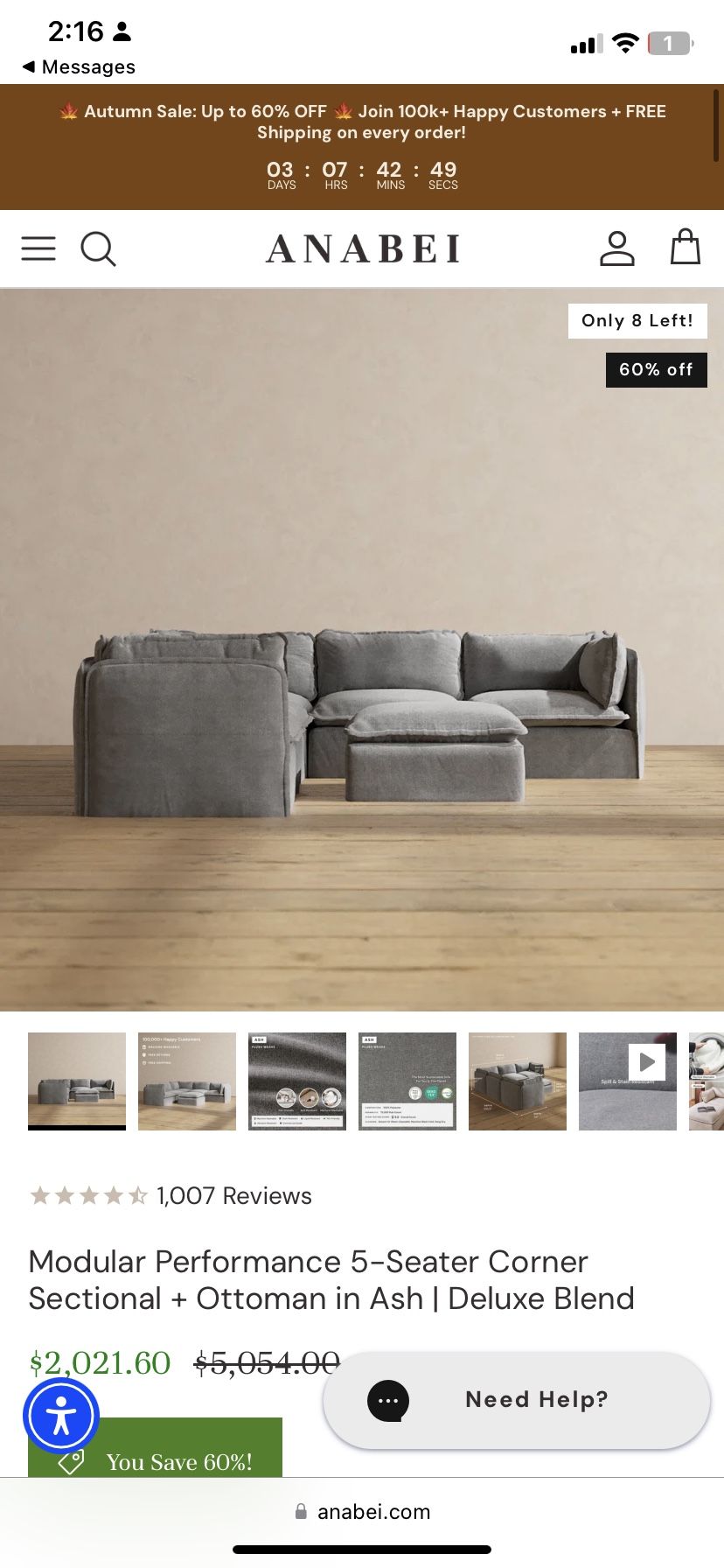 Anabei Modular Performance 5-Seater Corner Sectional + Ottoman in Ash | Deluxe Blend  