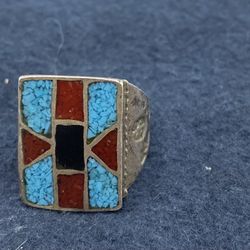 VTG MEN’S  TURQUOISE AND CORAL STERLING RING SIZE 9.5