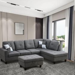 Brand New Charcoal Grey Linen Sectional Sofa With Storage Ottoman 