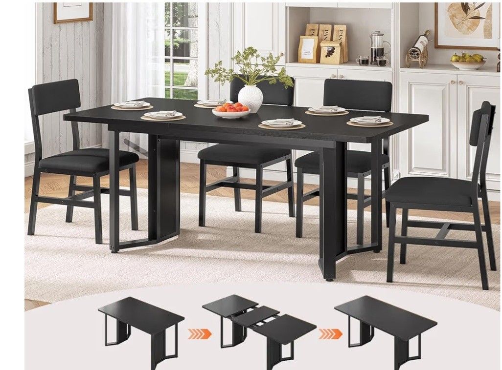 5-Piece Dining Table Set for 4-6 People, 63" Extendable Kitchen Table and 4 Cushion Chairs, Dining Room Table with MDF Board & Metal Frame for Small S