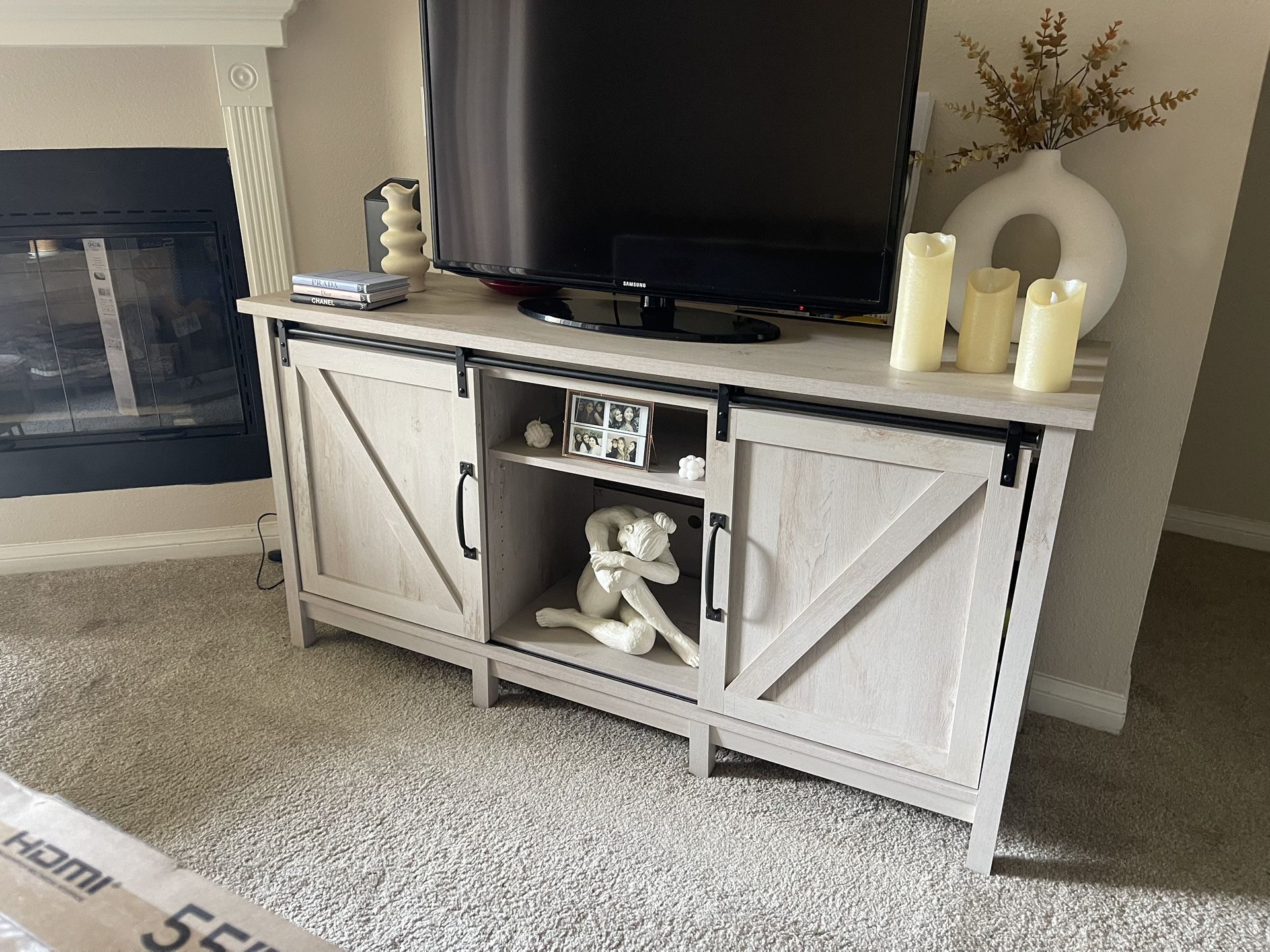 Better Homes & Gardens Modern Farmhouse TV Stand for TVs up to 70", Rustic White Finish in Chalked Chestnut
