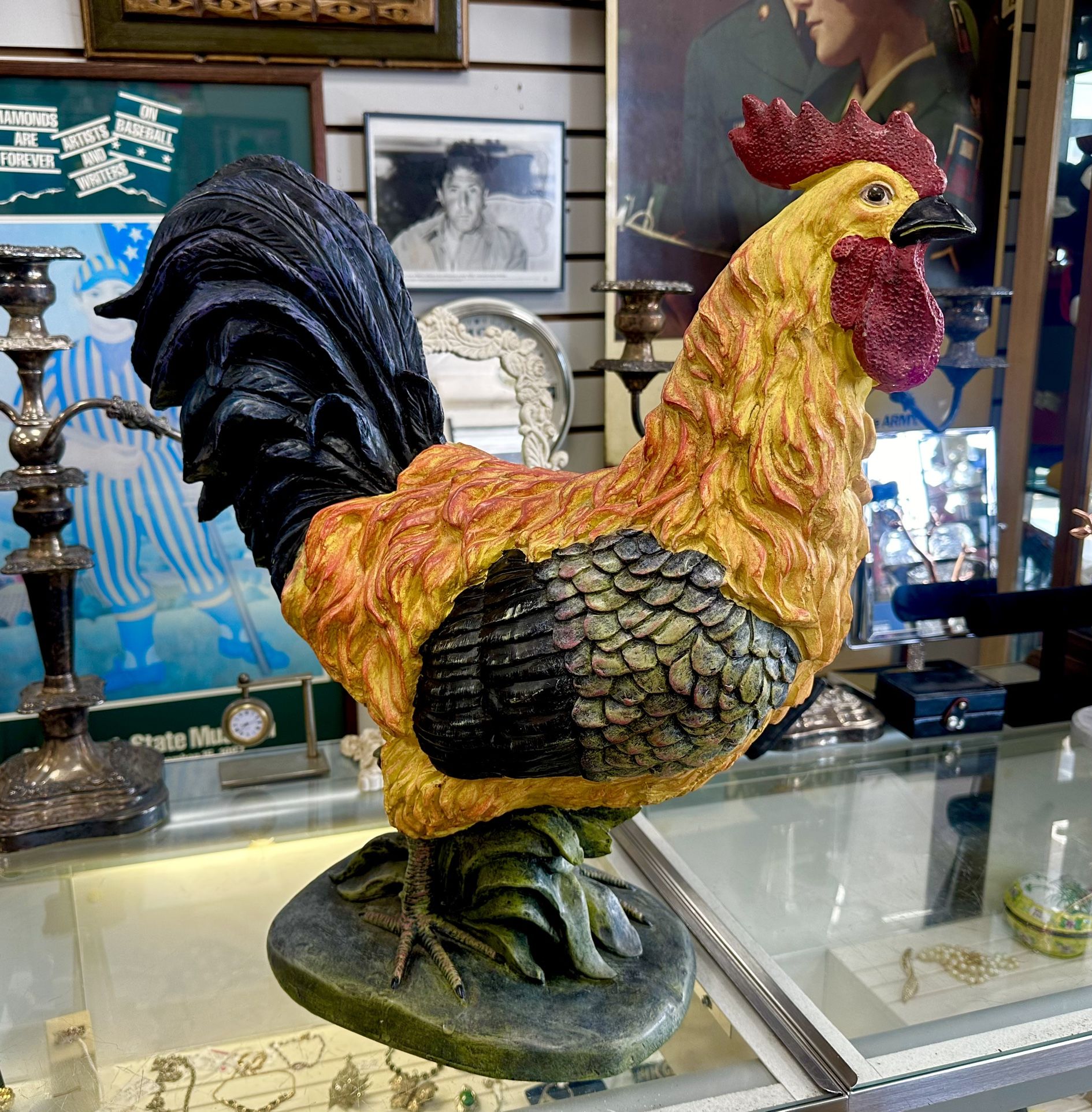 20” Huge Hand Painted Resin Vintage Country Rooster Statue Very Colorful
