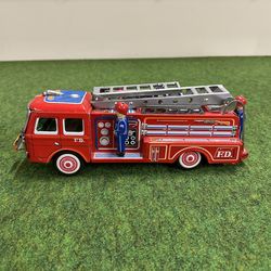 Vintage Tin Fire Truck with Siren Friction Toy, Ladder Extends