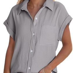 Women 2025 Summer Tops Short Sleeve Shirts V Neck Button Down Blouse Tunic Tops