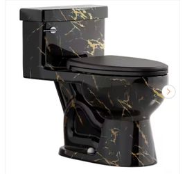 1-Piece Toilet, Chair Height Marbled Black Gold Elongated Toilet, 1.28 GPF Single Flush, Seat Included, 12 in. Rough In