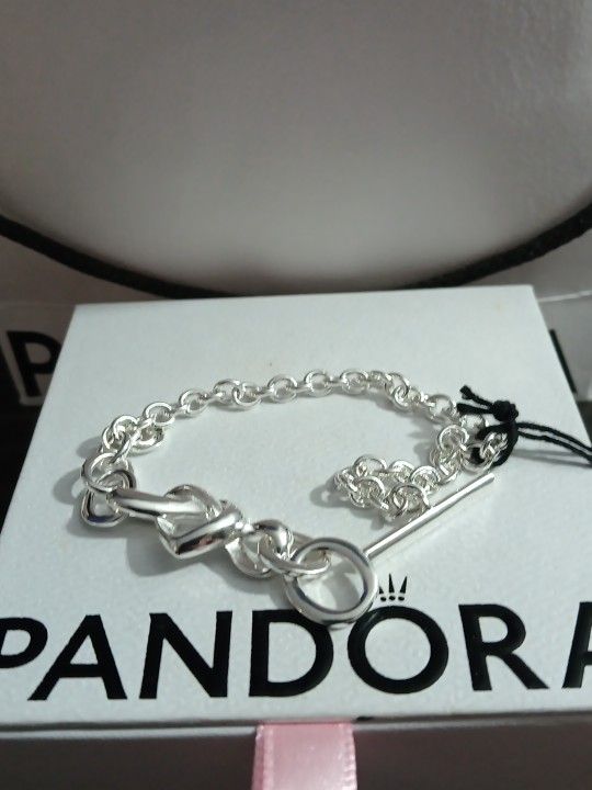 Pandora Authentic Brand New Solid Sterling Silver Knotted Hearts T Bar Bracelet 17 Cm Bracelet SolNot Hollow