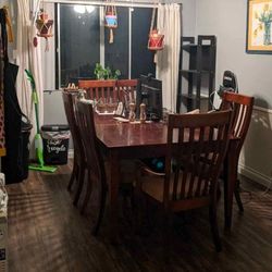 Rectangular dining table with 6 chairs + leaf, solid wood