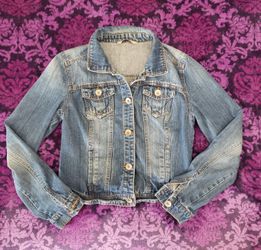 Girls Light Washed Blue Cropped Button Down Denim Jacket Highway Jeans, Size L (12/14)!