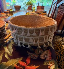 Woven Basket with White Tassel Trim