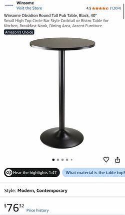 Like New- Winsome Obsidion Round Tall Pub Table Black 40"