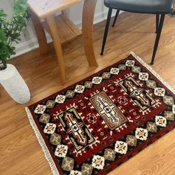 Hand-Knotted 100% Wool Rug Door Mat- Red Tribal Geometric Accent Rug (2'x3')