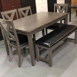 ✅️✅️6 pc laurel  gray finish wood dining table set padded seat chairs and bench✅️✅️