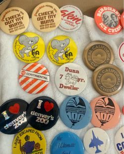 Vintage Button Pin Collection Featuring Promotional Souvenir & Fun Designs (84)