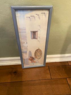 Vintage southwest print wall art in blue wood and glass frame. Adobe house with Basket & pottery. 1980 s. Cottage.