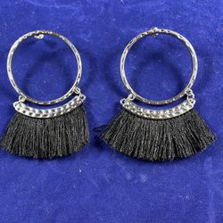 Black Fringe and Silver Dangle Earrings