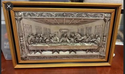 Vintage 3D The Last Supper Silver-Tone Relief Framed Art