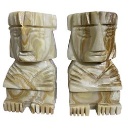 Marble Bookends Inca Mayan Style Onyx 8" Hand Carved Vintage 8” Hight 4” Length 2 1/2” Width Great Condition 