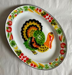 Vintage Mid-Century Enamelware Serving Platter w/Thanksgiving Motif
